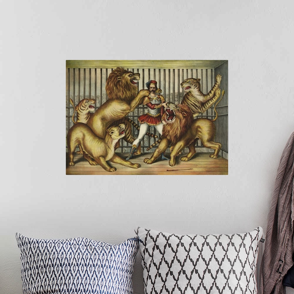 A bohemian room featuring Lion Tamer In Cage With Two Lions, A Lioness, And Two Tigers