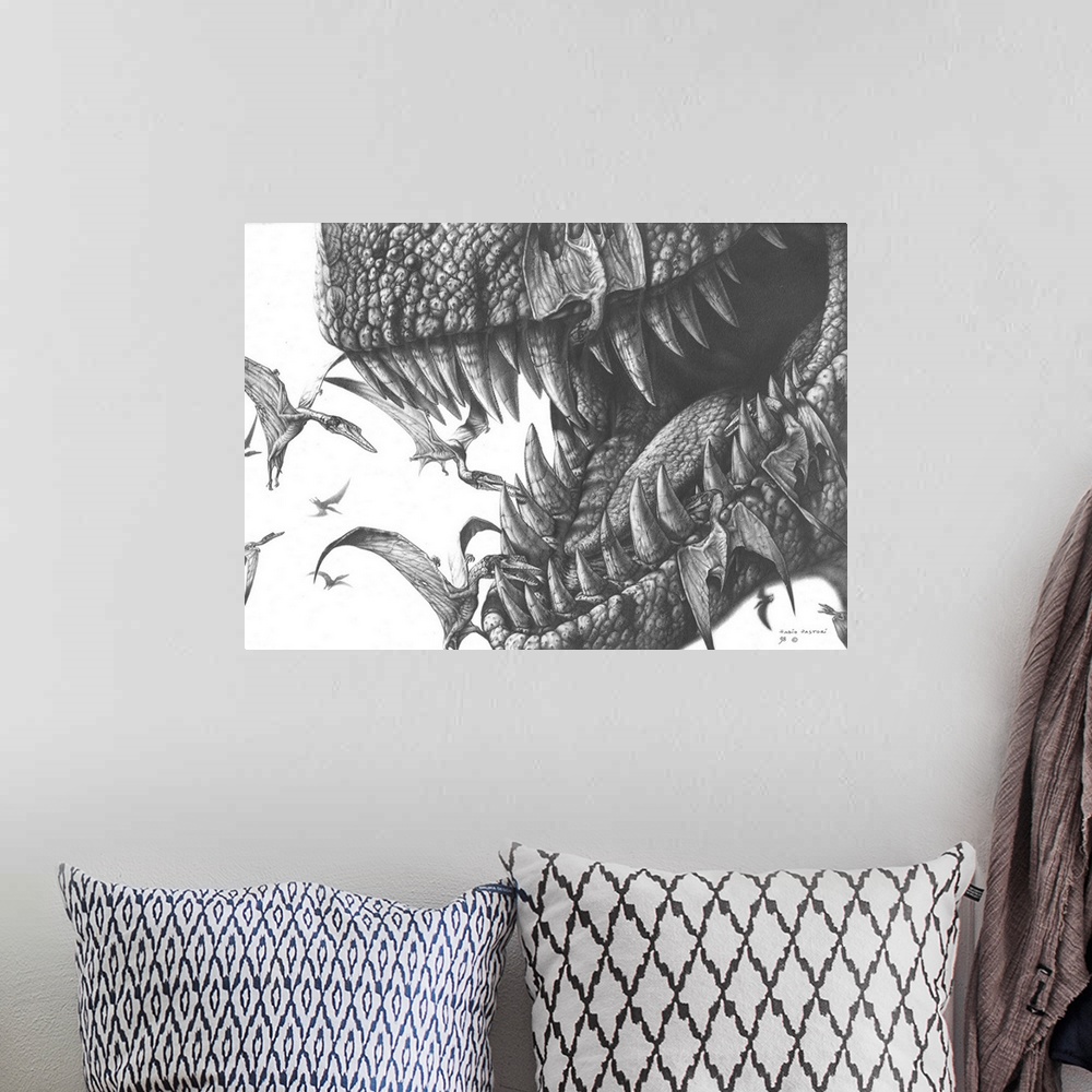 A bohemian room featuring Graphite sketch of Pterodactylus birds clean the mouth of a Tyrannosaurus rex.
