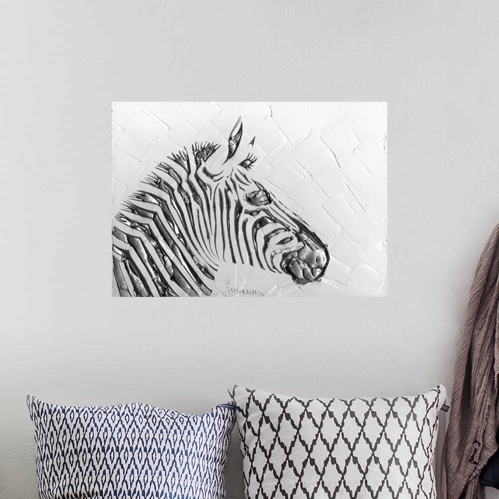 A bohemian room featuring Contemporary painting of a silver zebra on a white background with palette knife textures.