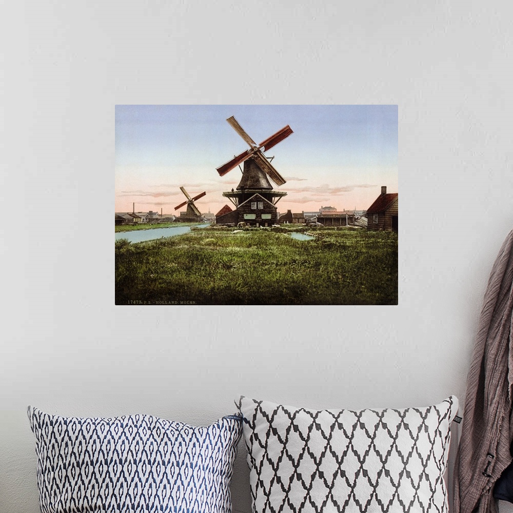 A bohemian room featuring Holland, Windmill. Scenic View Two Windmills In Holland. Photochrome Print, C1890-1900.