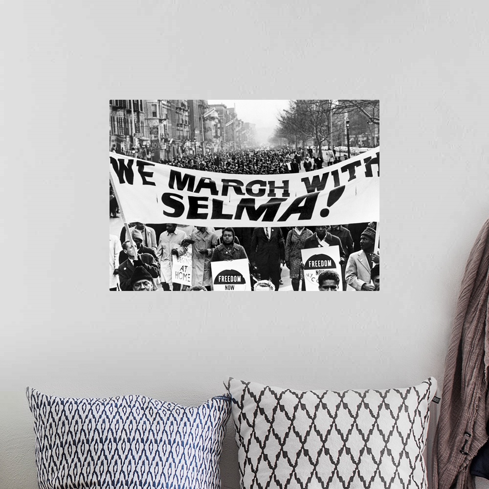 A bohemian room featuring Marchers in Harlem, New York City, carrying banners in support of the Selma to Montgomery marcher...