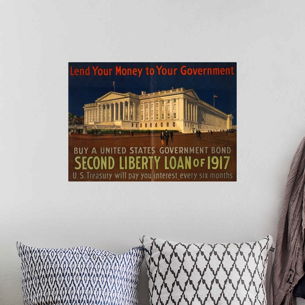 A bohemian room featuring American World War I Liberty Loan poster, 1917.