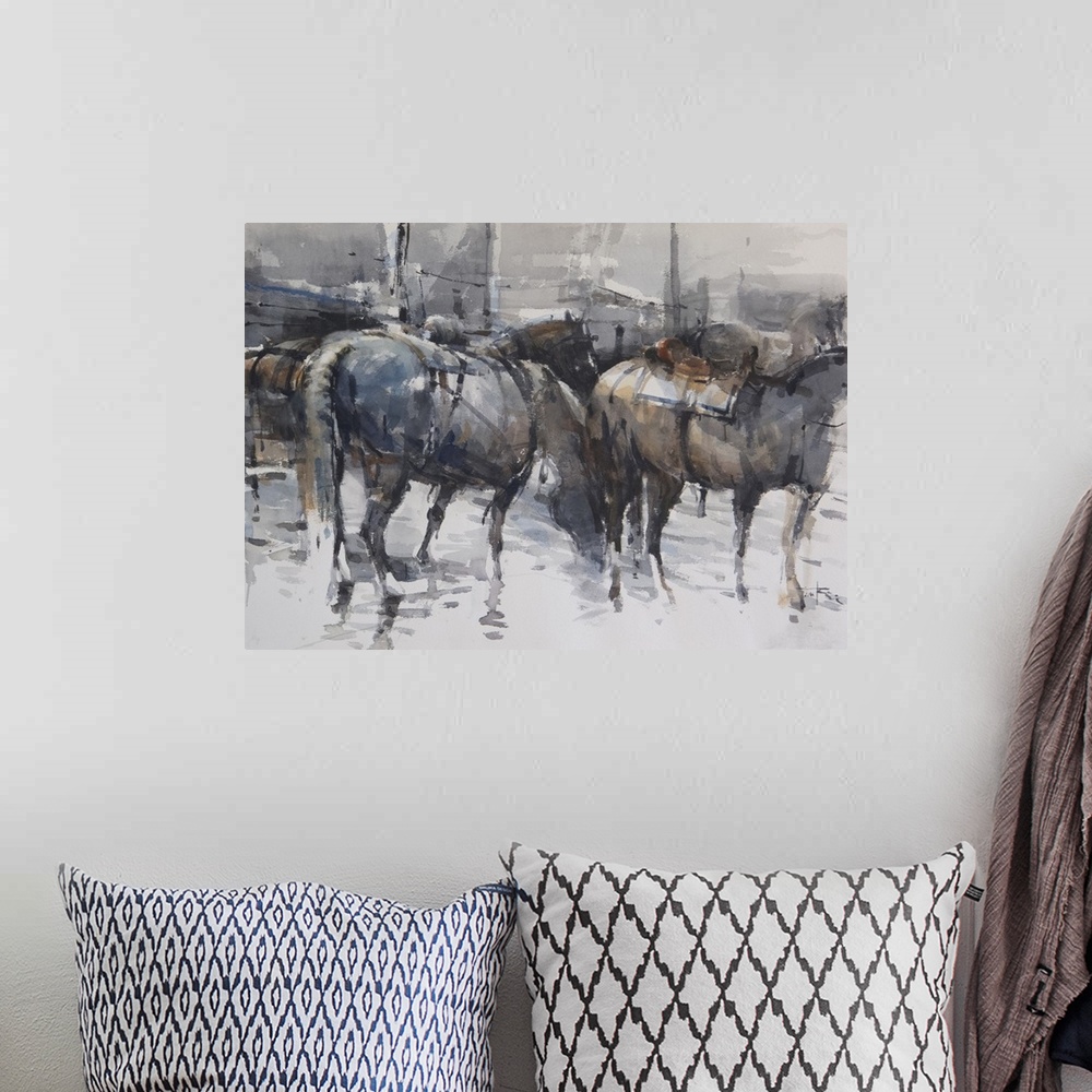 A bohemian room featuring This contemporary artwork depicts a group of horses drinking in the river using a moody palette a...