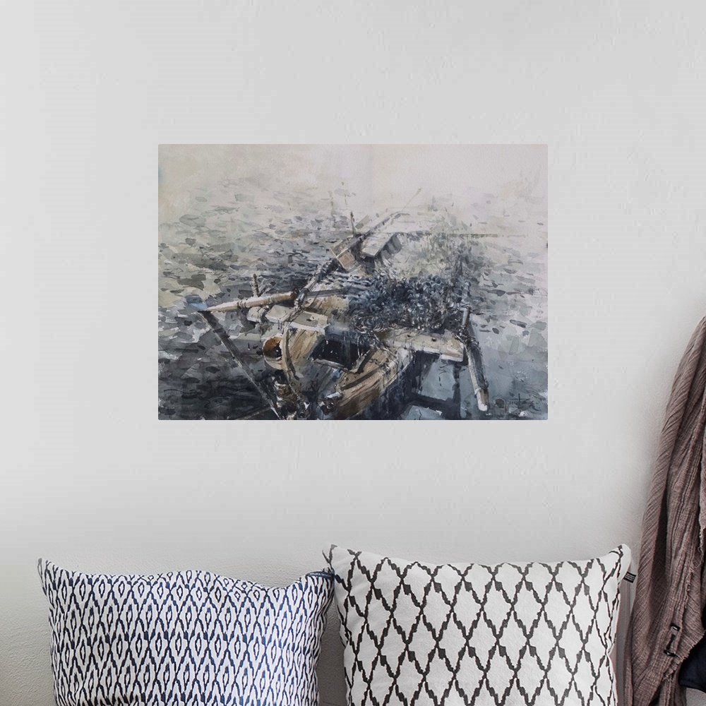 A bohemian room featuring This contemporary artwork uses moody grays and rustling watercolor brush strokes to illustrate a ...