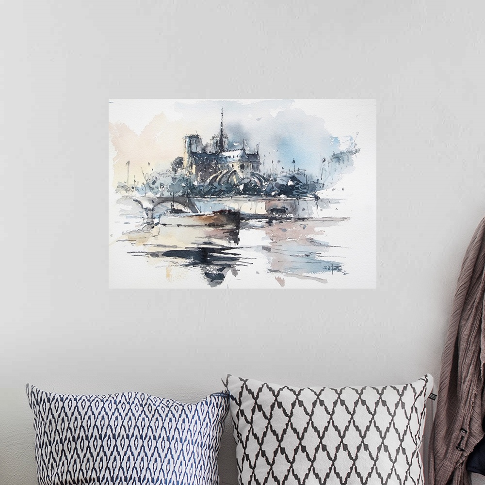 A bohemian room featuring In this contemporary artwork, a lively sketch of an island near the Seine river uses shades of bl...