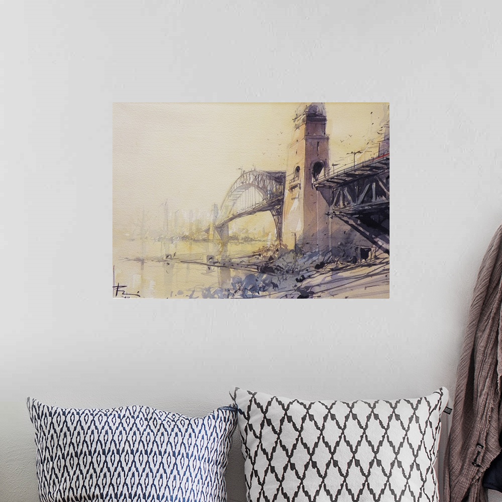 A bohemian room featuring Gestural brush strokes of watercolors create the Sydney Harbor Bridge looking towards North Sydne...
