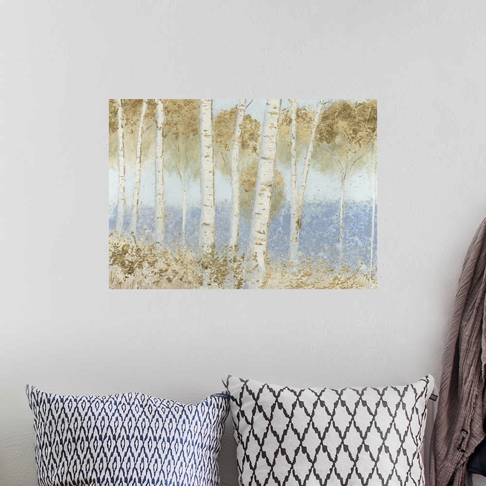 A bohemian room featuring Contemporary painting of a woodland scene of birch trees in a forest.
