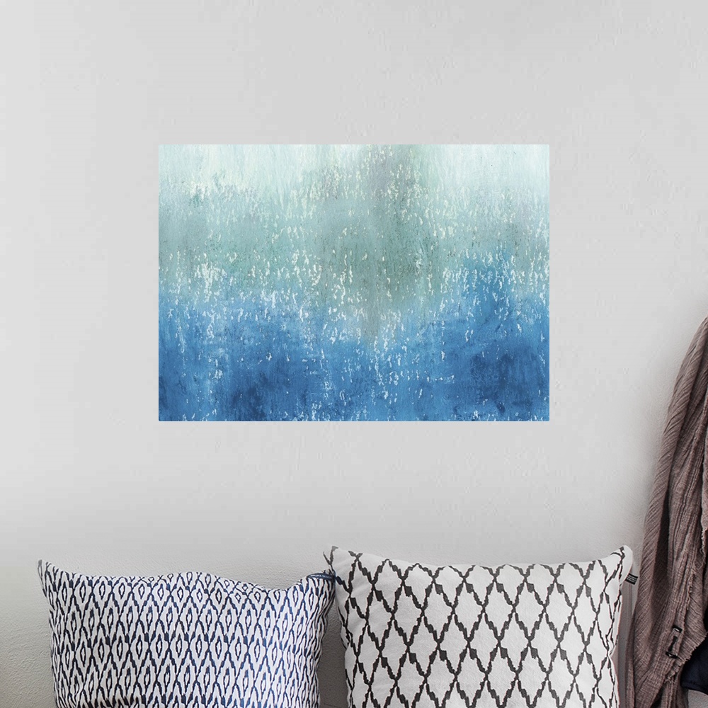 A bohemian room featuring Contemporary abstract painting using tones of blue in cascading and gradating movements.
