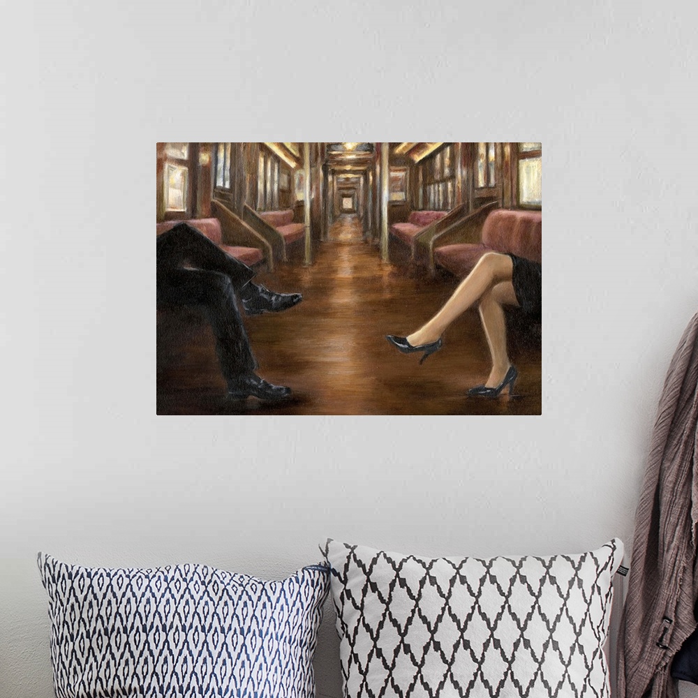 A bohemian room featuring Contemporary painting of the inside of a train with only the legs of a couple visible.