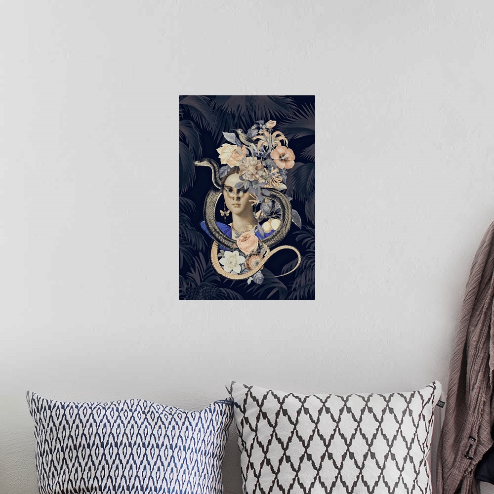 A bohemian room featuring Collage with historical portrait of a woman with exotic flowers and snake.