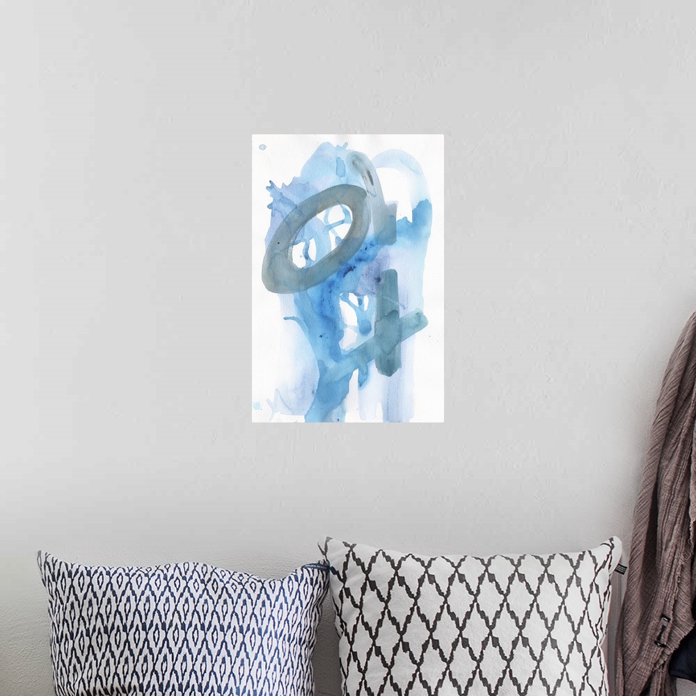 A bohemian room featuring Watercolor abstract artwork in shades of blue.