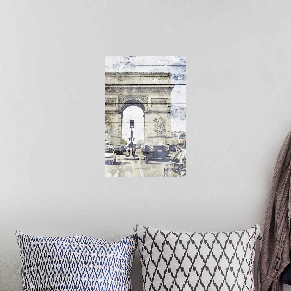 A bohemian room featuring Photograph of the Arc de Triomphe with rows of traffic in the foreground and a faint wood panel a...