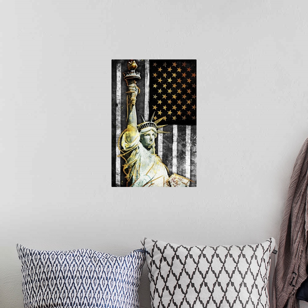 A bohemian room featuring The Statue of Liberty in front of a black, white, and gold American Flag.