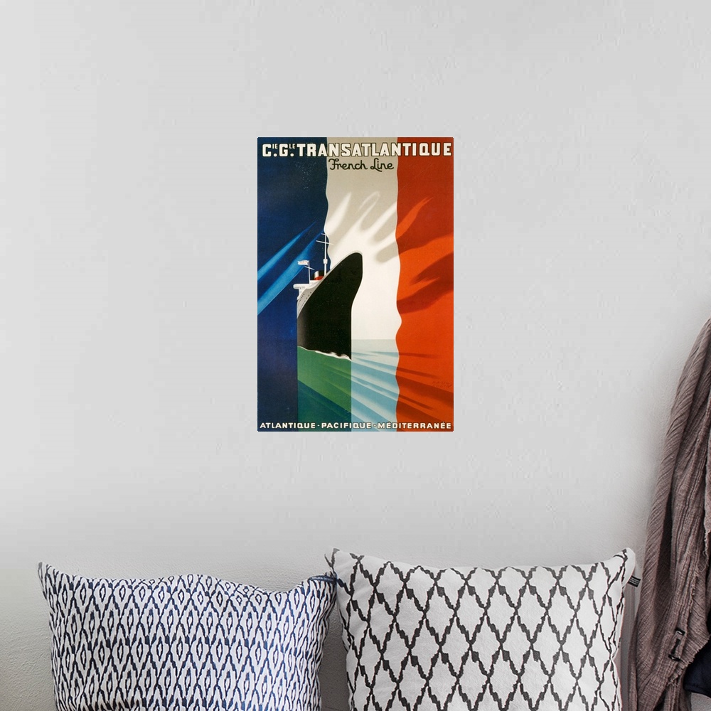 A bohemian room featuring 1940's France Transatlantique French Line Poster