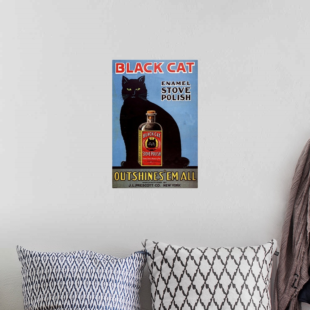 A bohemian room featuring .1920s.USA.cats black cat enamel stove polish products...