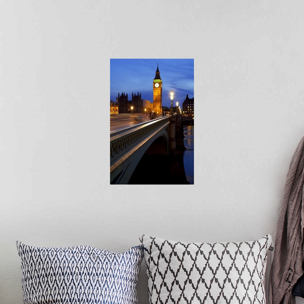 A bohemian room featuring A night view across Westminster Bridge with Big Ben in the distance.