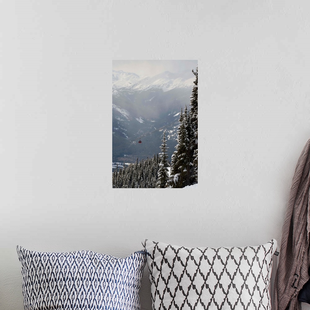 A bohemian room featuring A Red Cable Car Riding Over Snow Covered Forest, Whistler, BC, Canada