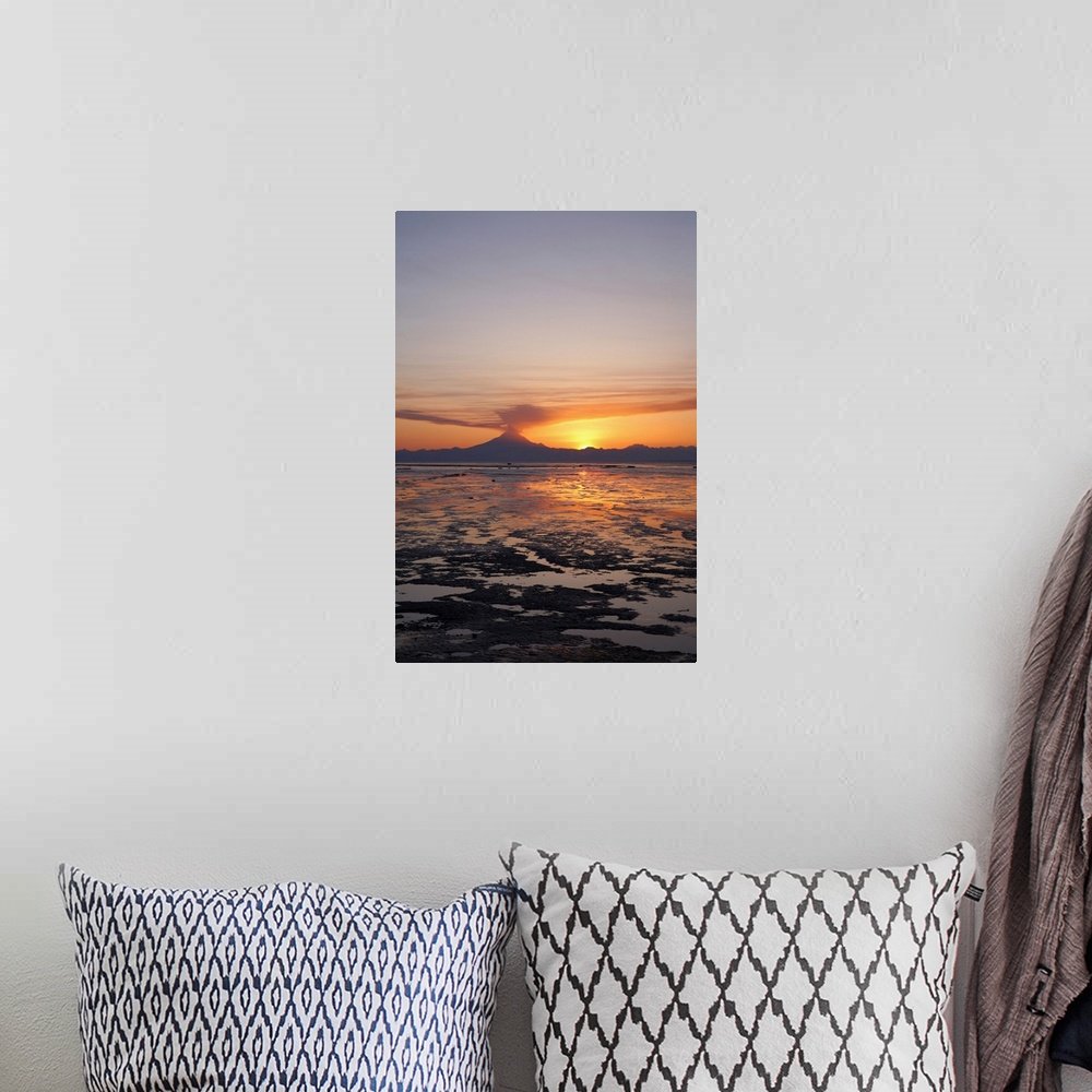 A bohemian room featuring Ash Cloud Rises From Mt. Redoubt At Sunset During Low Tide Near Ninilchik, Alaska