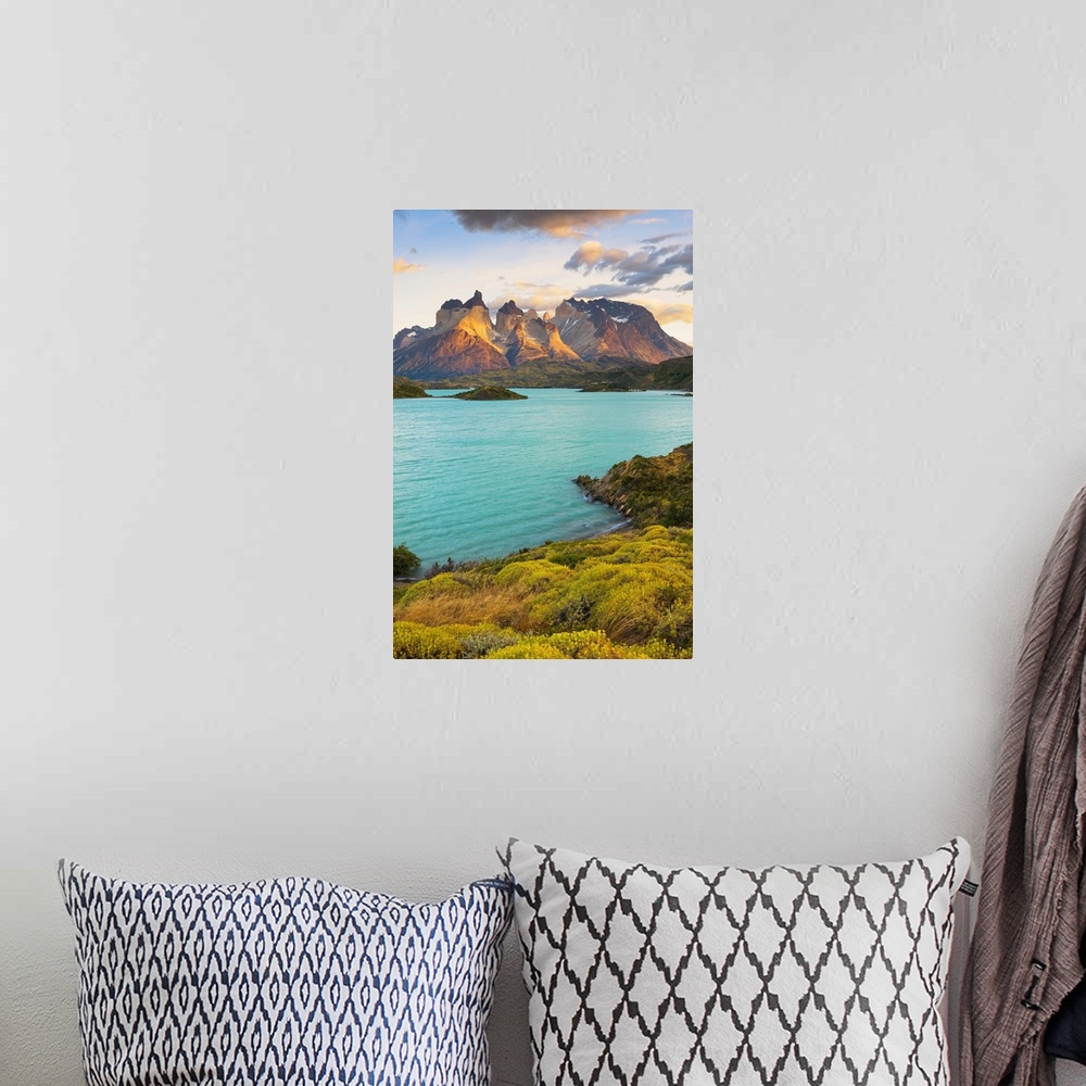 A bohemian room featuring Cuernos del Paine reflected in Lago Pehoe at sunrise, Torres del Paine National Park, Magallenes,...