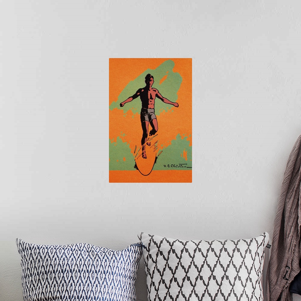 A bohemian room featuring Duotone Illustration Of Surfer Catching Wave