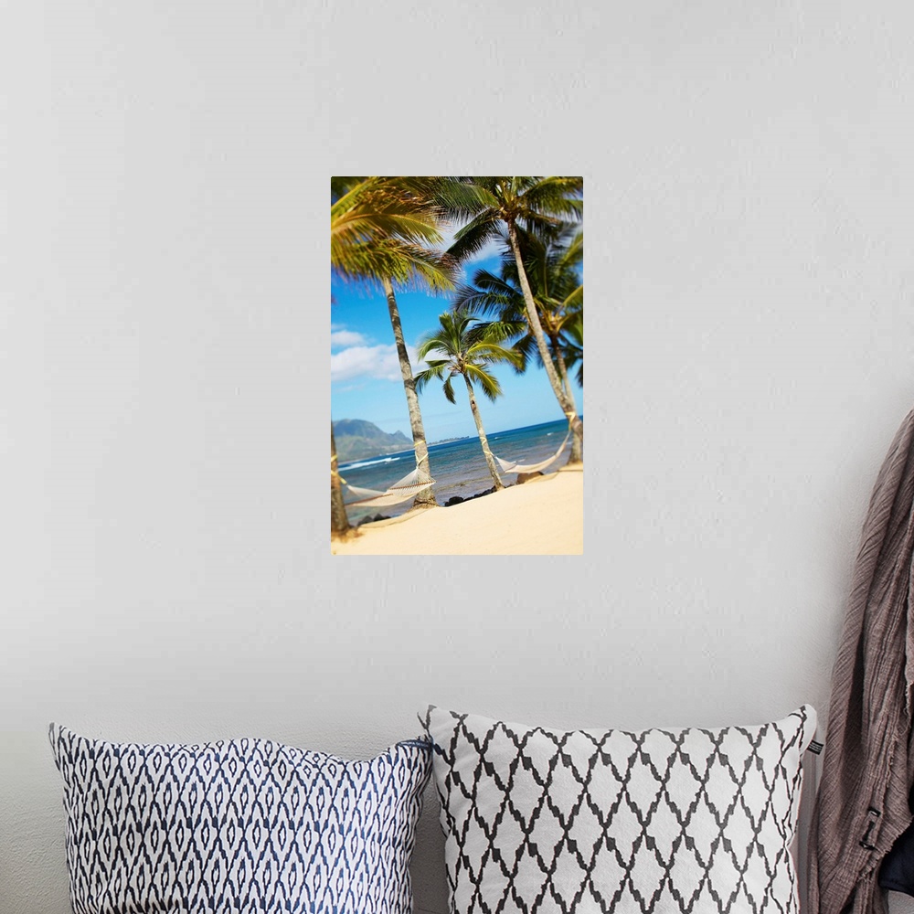 A bohemian room featuring Hawaii, Kauai, Hanalei Bay Princeville, Two Hammocks Hang Between Palm Trees