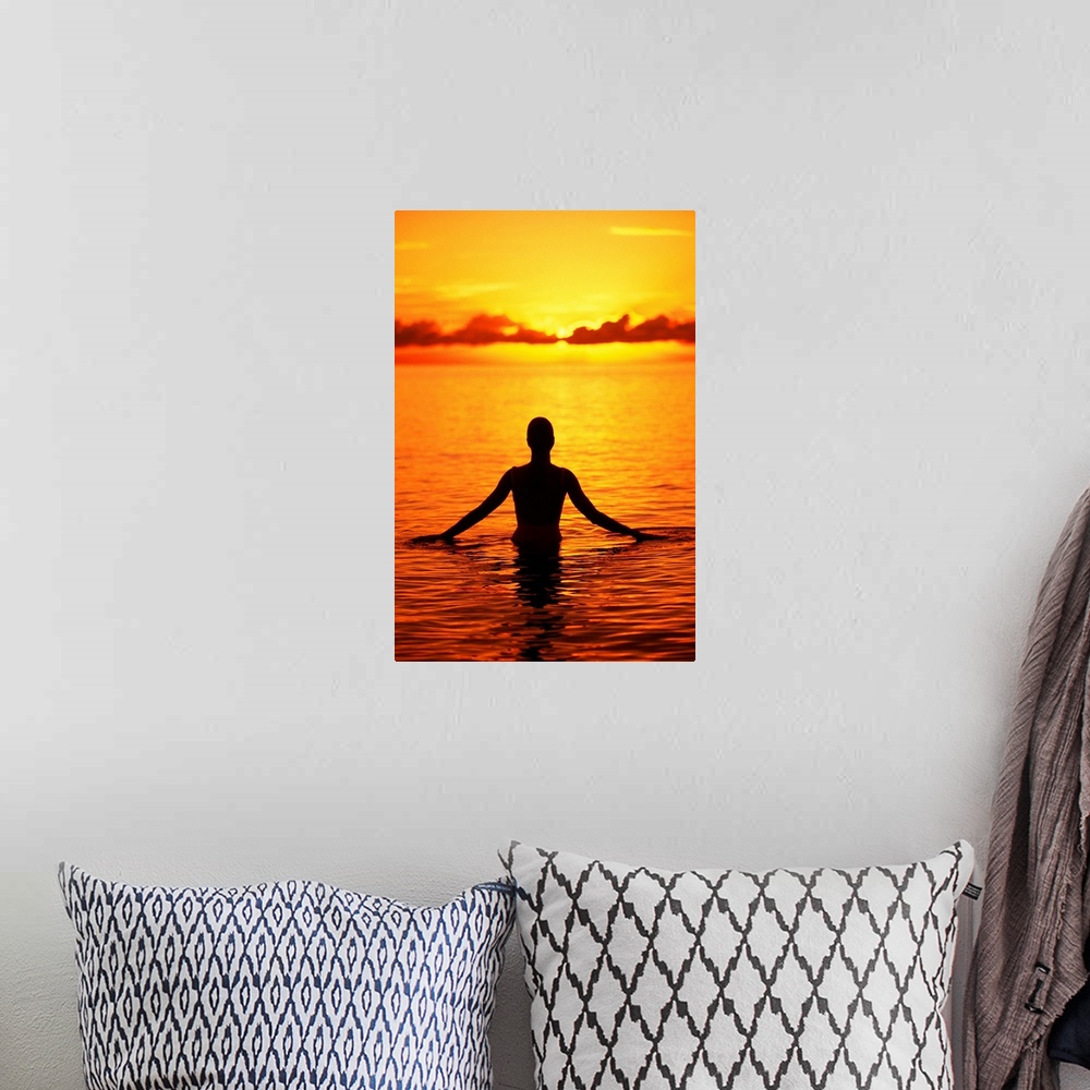 A bohemian room featuring Hawaii, Oahu, Lanikai Beach, Silhouette Of Woman Wading In The Ocean At Sunrise