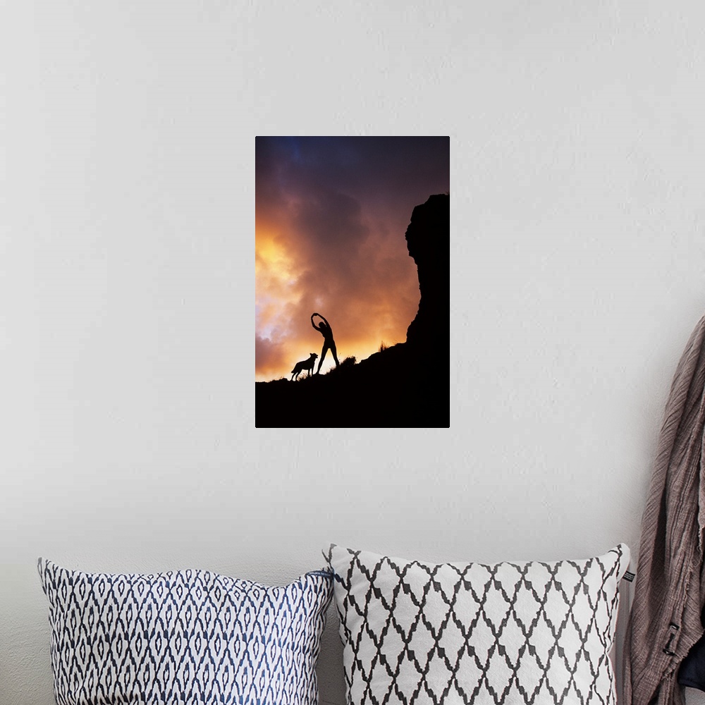 A bohemian room featuring Hawaii, Silhouette Of A Woman Stretching On A Mountain Top At Sunset