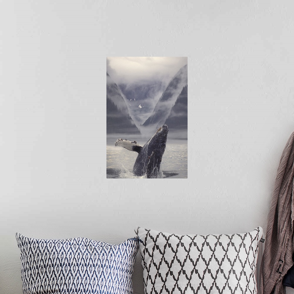 A bohemian room featuring Composite Humpback Whale Breaching With Mist-Covered Mountains In The Background Of The Alexander...