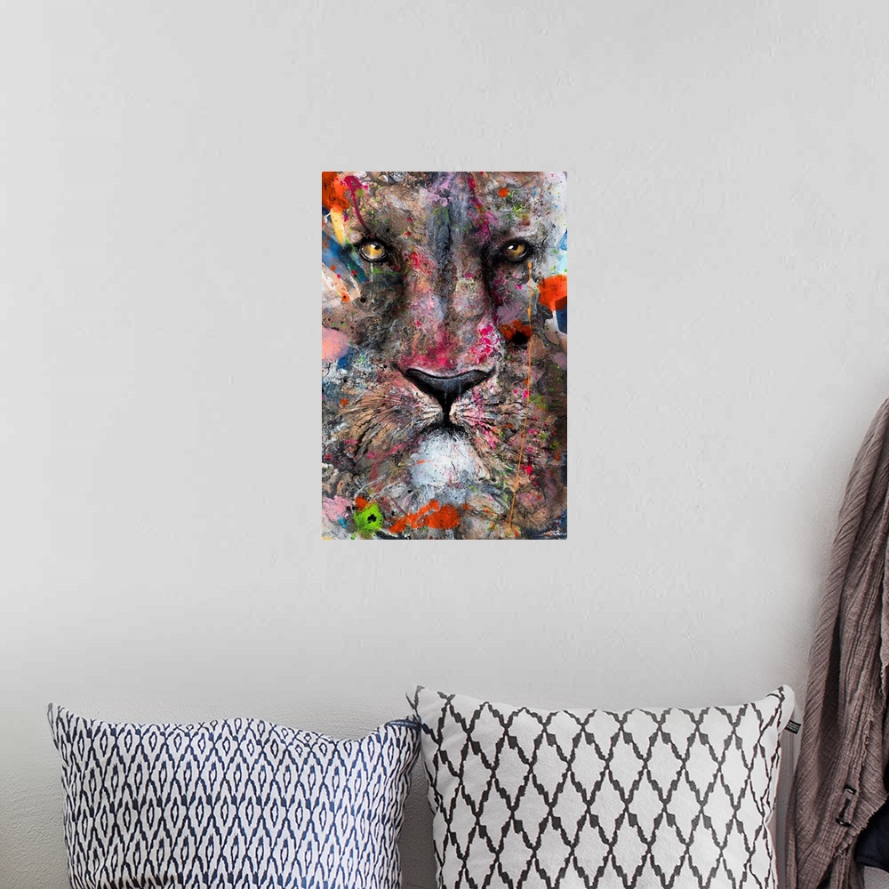 A bohemian room featuring Illustration of a lion's face with colourful splashes