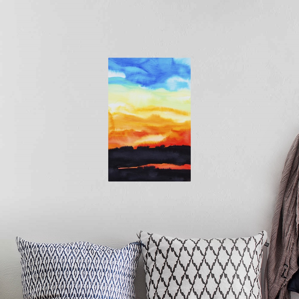 A bohemian room featuring Watercolor painting of a lake of fire
