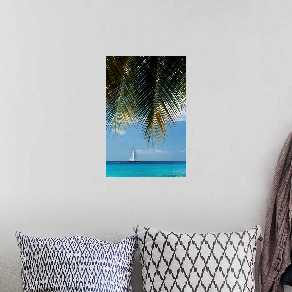 A bohemian room featuring Looking Through Palm Trees To Large Yacht Off The West Coast Of Barbados