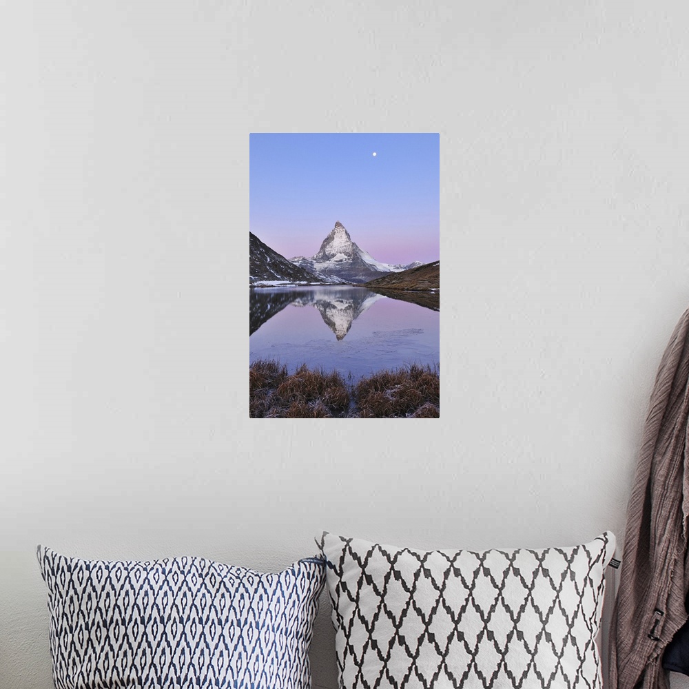 A bohemian room featuring Matterhorn reflected in Lake Riffelsee at Dawn with Moon, Zermatt, Alps, Valais, Switzerland