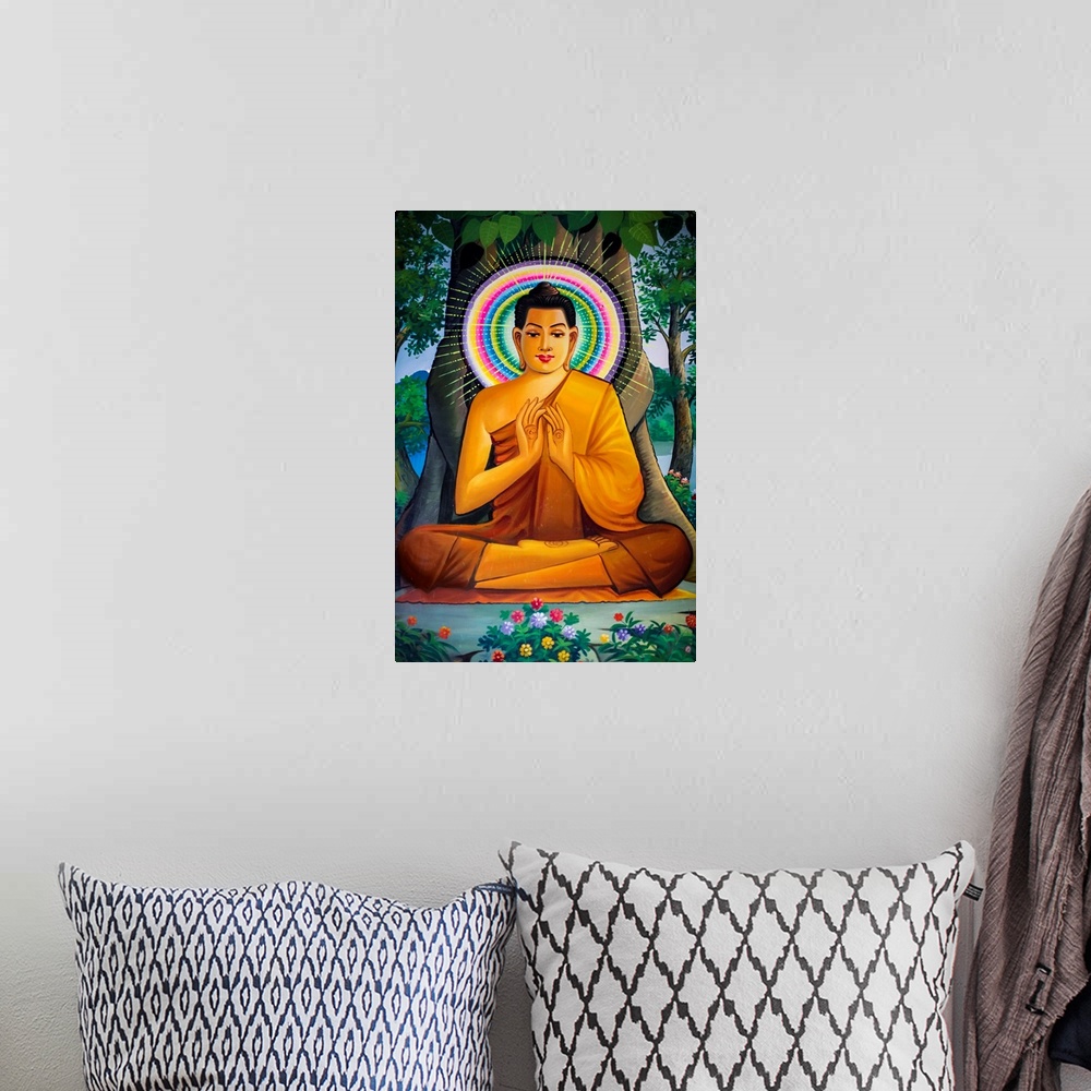 A bohemian room featuring Painting depicting a sitting Buddha in Wat Than.