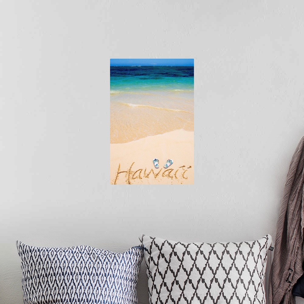A bohemian room featuring Pair Of Flipflops And Hawaii Written In The Sand, Gorgeous Blue Ocean