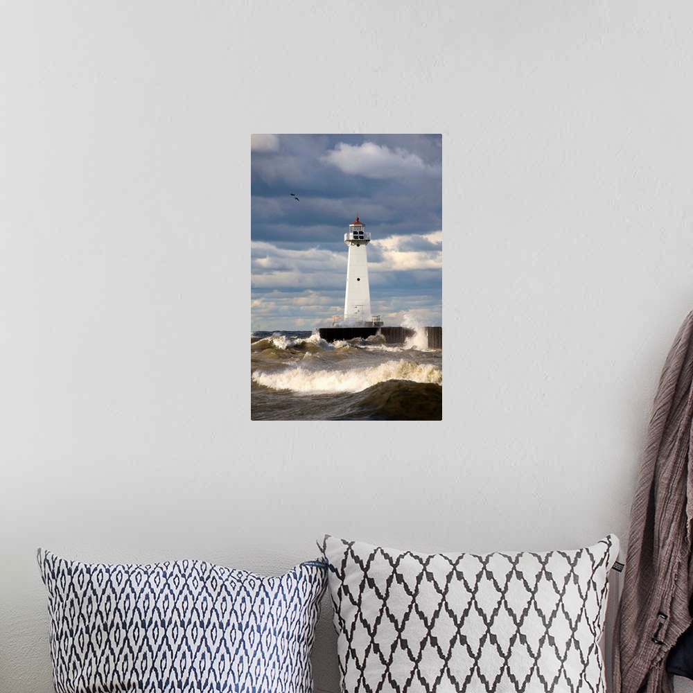 A bohemian room featuring Sodus Outer Lighthouse On Stormy Lake Ontario; Sodus Point, New York