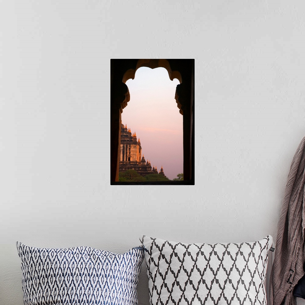 A bohemian room featuring Temple At Sunset Seen From Temple Window In Myanmar, Burma