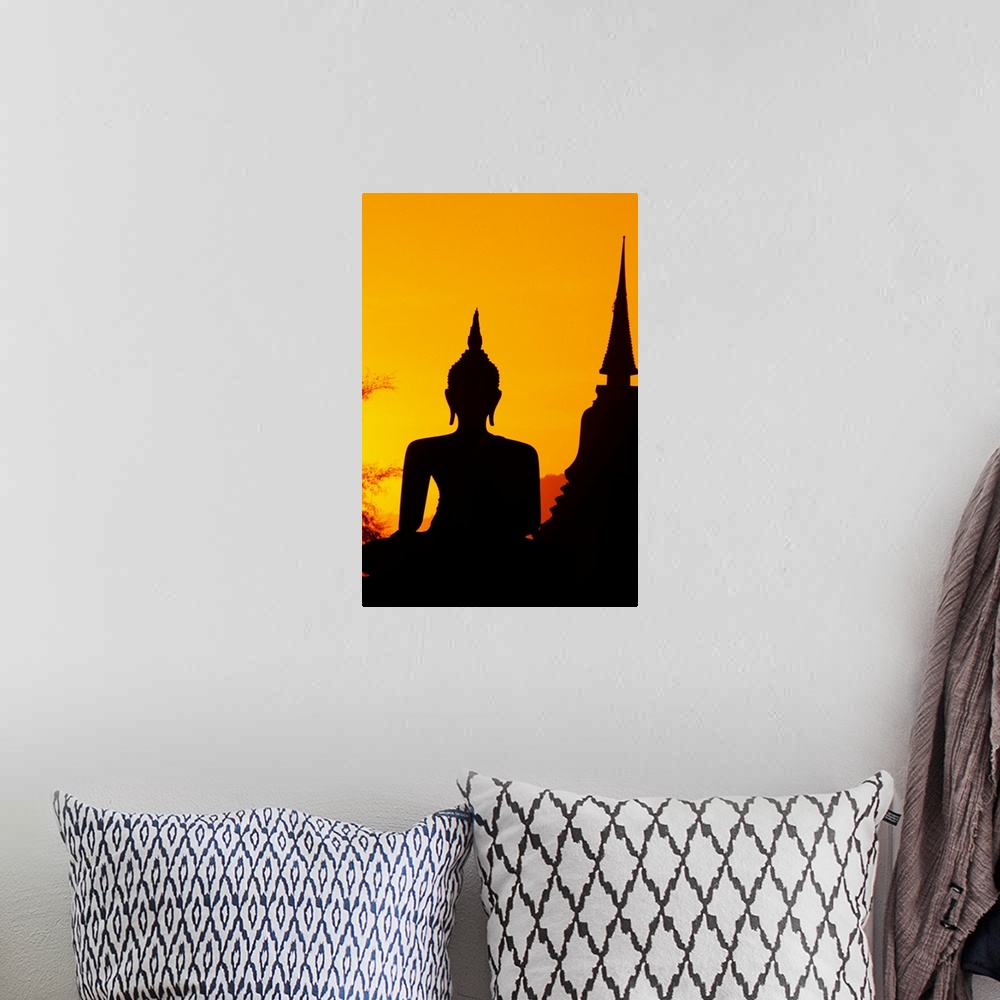 A bohemian room featuring Thailand, Sukhothai, Buddha And Temple Silhouetted At Sunset