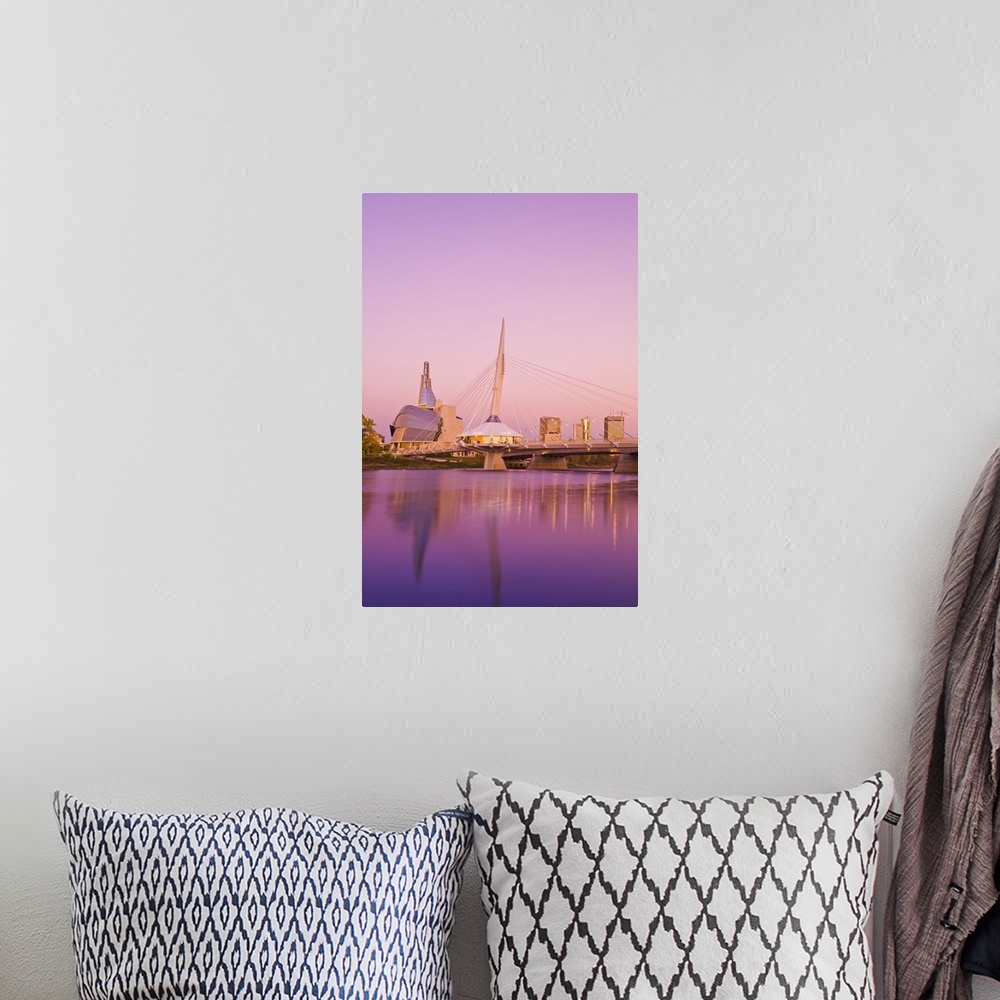 A bohemian room featuring Winnipeg skyline from St. Boniface showing the Red River, Esplanade Riel Bridge and Canadian Muse...