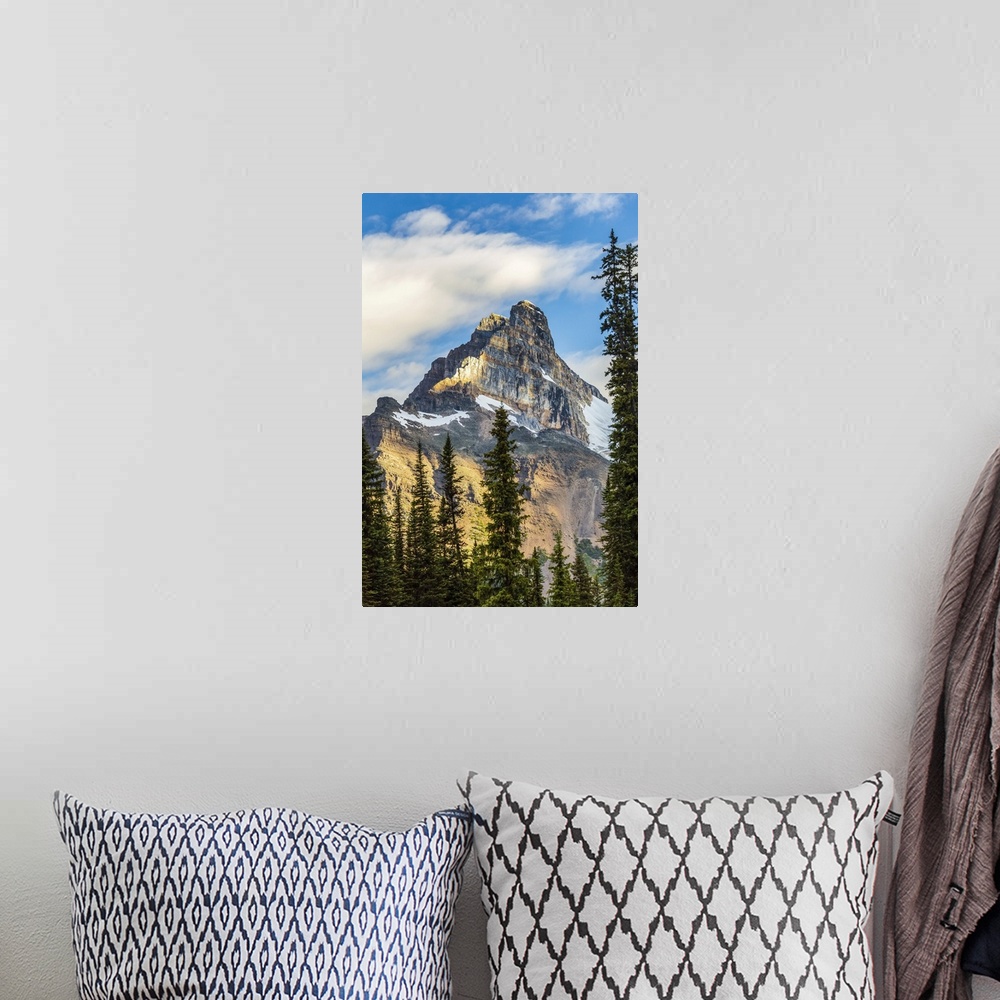 A bohemian room featuring Mountain cliff peak dramatically lit by the sun with blue sky and clouds, Yoho National Park; Fie...