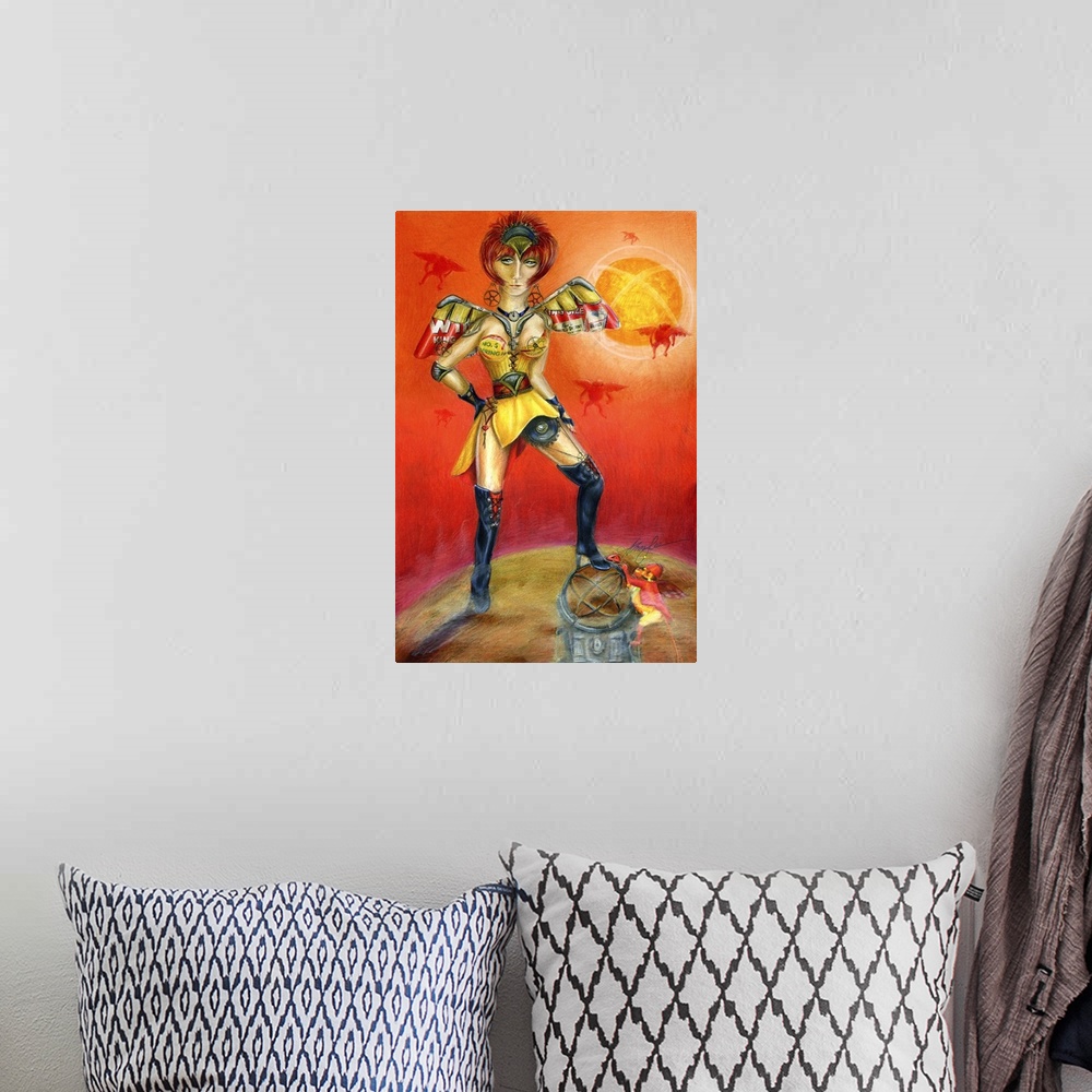 A bohemian room featuring An abstract painting of a woman in yellow in a mystical scene.