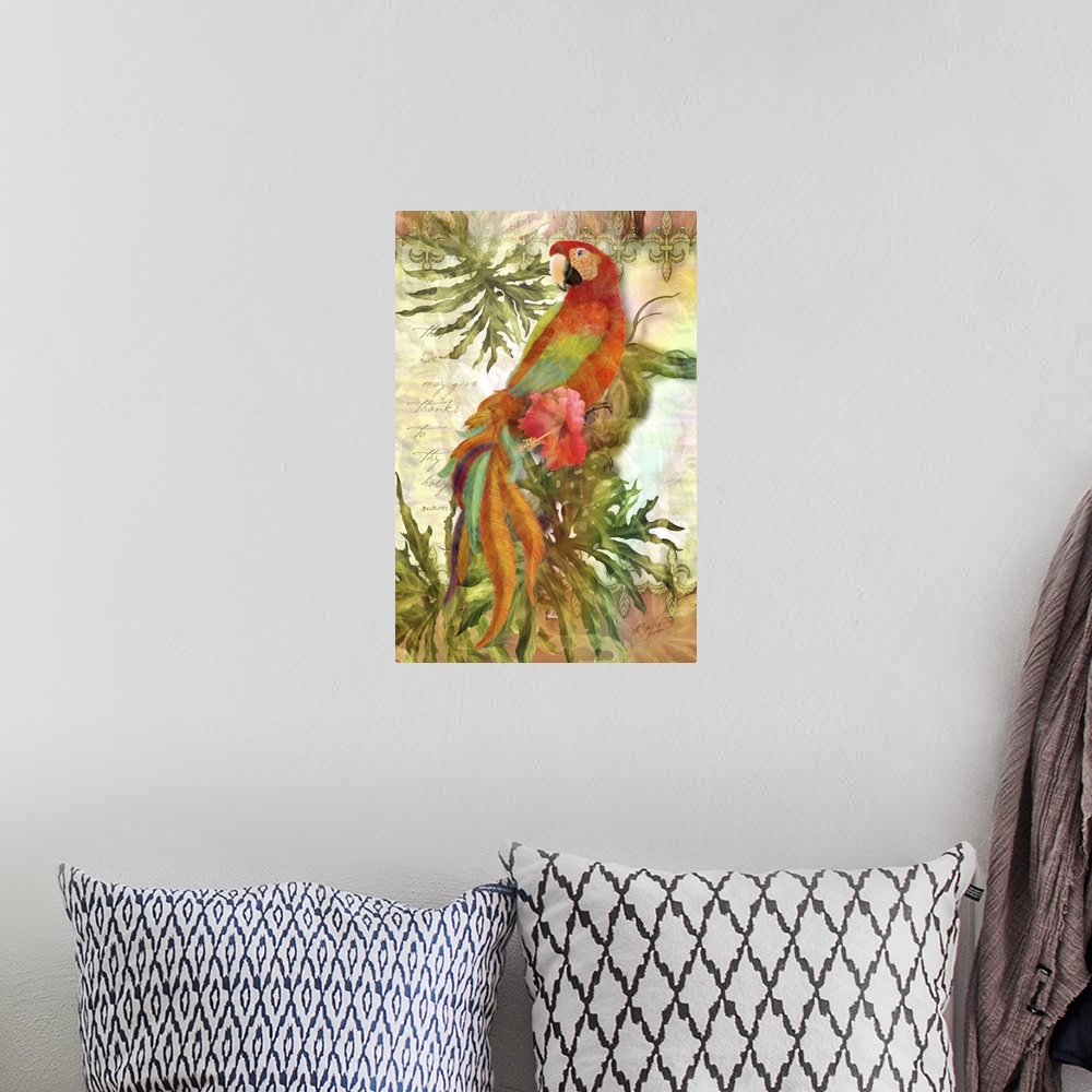 A bohemian room featuring Contemporary painting of a colorful parrot on a branch.