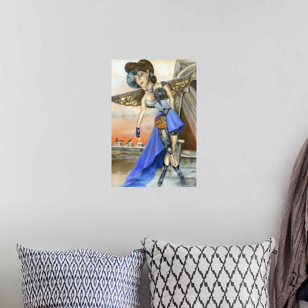 A bohemian room featuring An abstract painting of a woman that is part machine in blue.