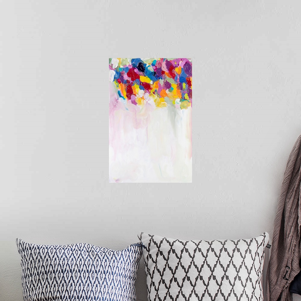 A bohemian room featuring Contemporary abstract painting with colorful spots at the top over a large white area.