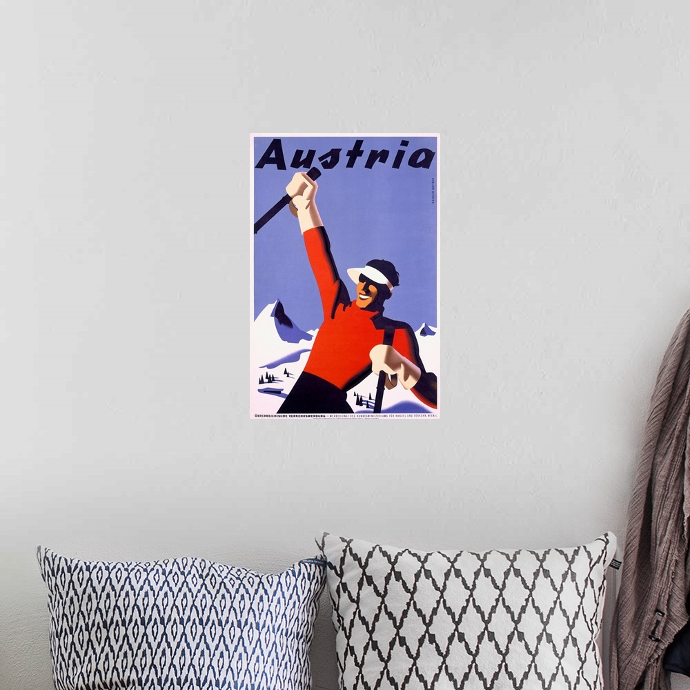 A bohemian room featuring Austria Ski Vacation, Vintage Poster, by Joseph Binder