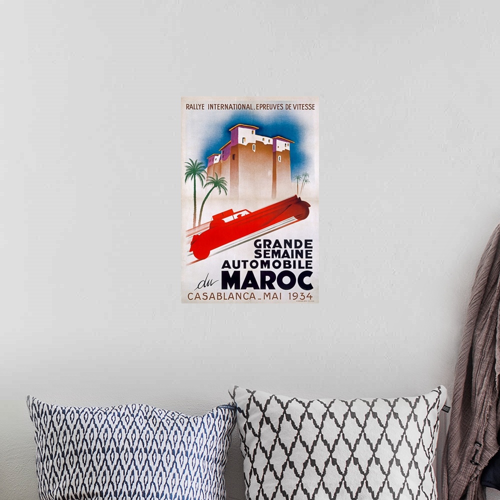 A bohemian room featuring Automobile du Maroc, Casablanca 1934, Vintage Poster, by Havas