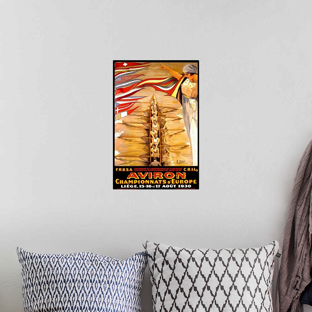 A bohemian room featuring Aviron, 1930, Championnats d'Europe, Vintage Poster