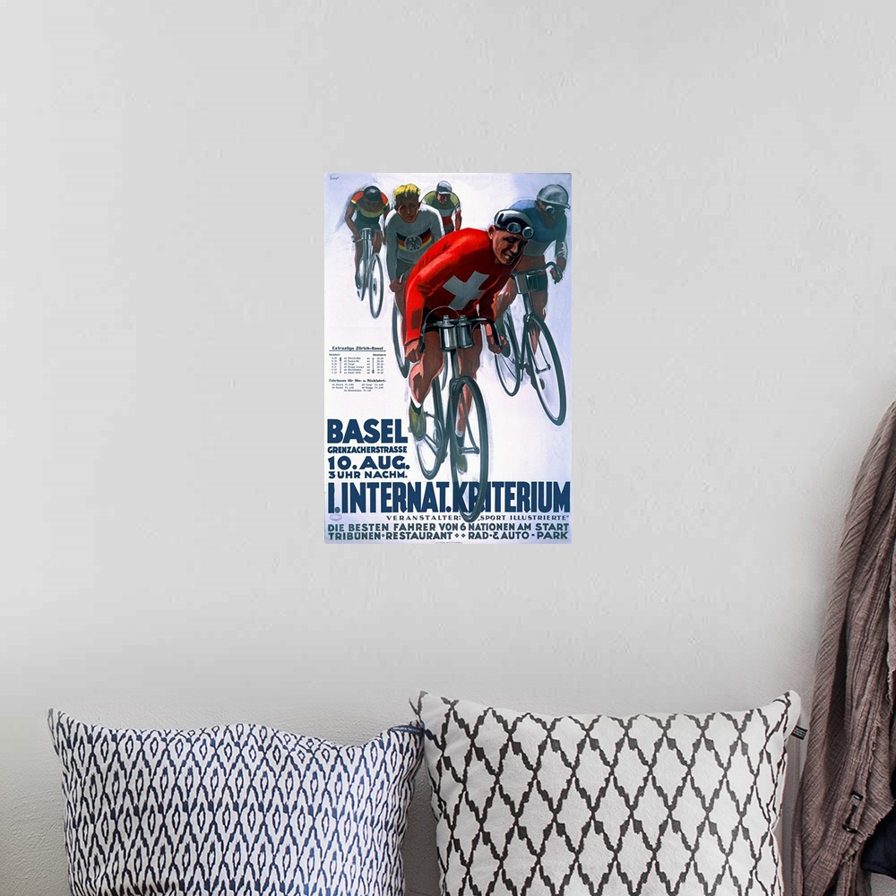 A bohemian room featuring Basel, International Bike Race, Vintage Poster