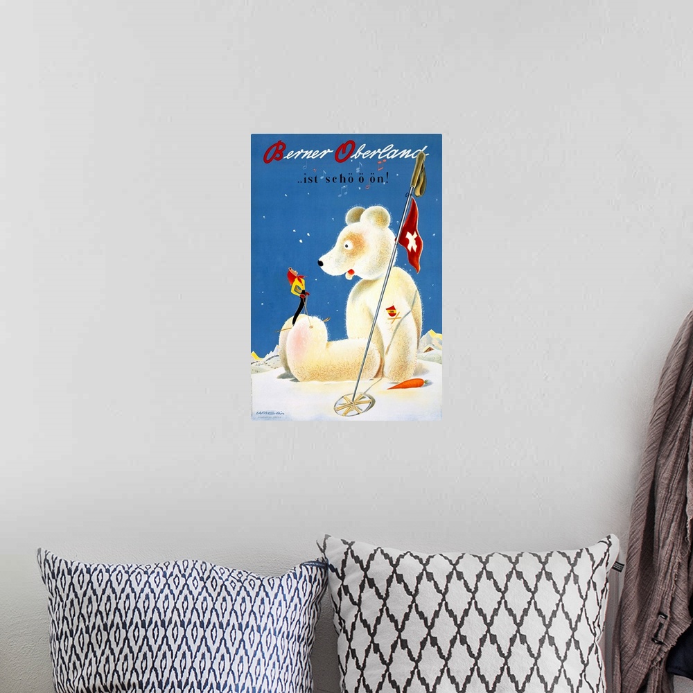 A bohemian room featuring This vintage artwork shows a giant teddy bear sitting in the snow with a skier standing on its fo...