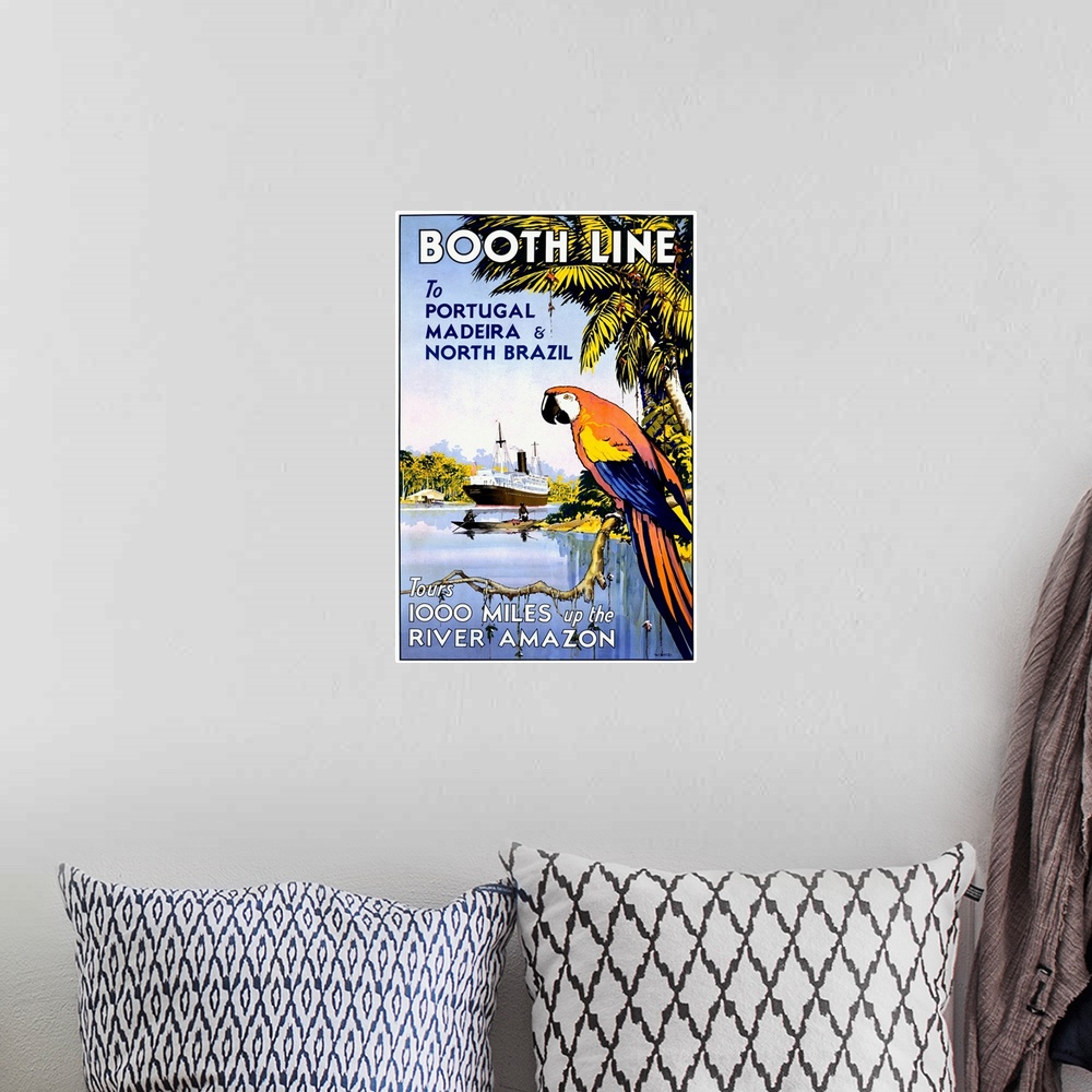 A bohemian room featuring Old advertising poster with a parrot in a palm tree and cruise liner in the distance with the tex...