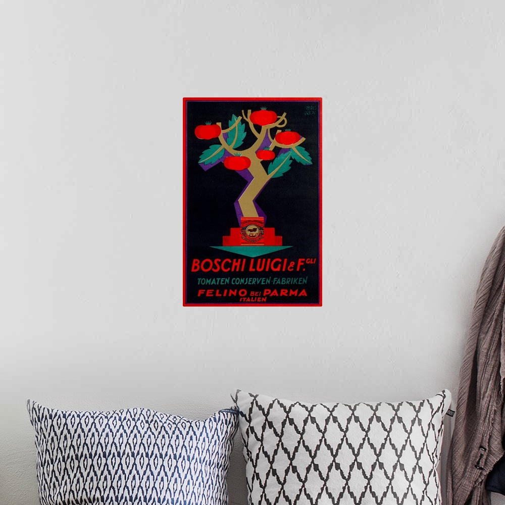 A bohemian room featuring A vintage poster of a tree that is growing tomatoes with a brand sauce at the base and Italian te...